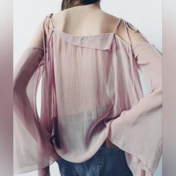 ZARA Pink Semi-Sheer Boho Flowy Blouse NWOT - Picture 3 of 8